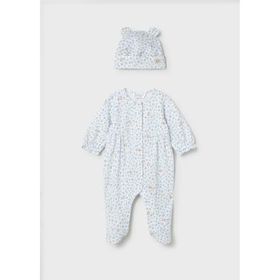 2PC CREAM BLUE PRINTED SLEEPER & HAT FRONT CLOSURE / 1706-085