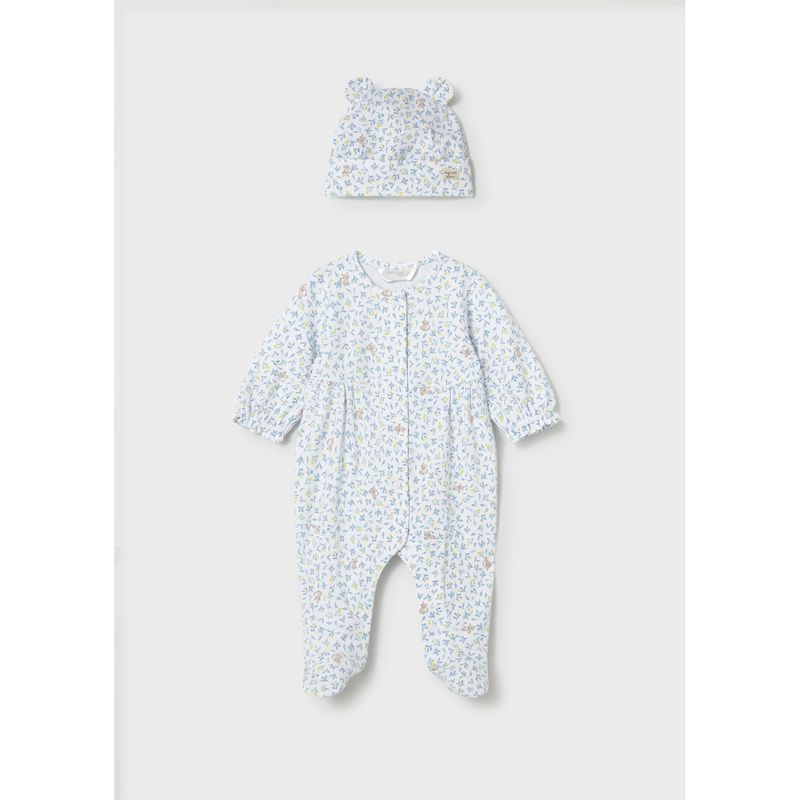 2PC CREAM BLUE PRINTED SLEEPER & HAT FRONT CLOSURE / 1706-085