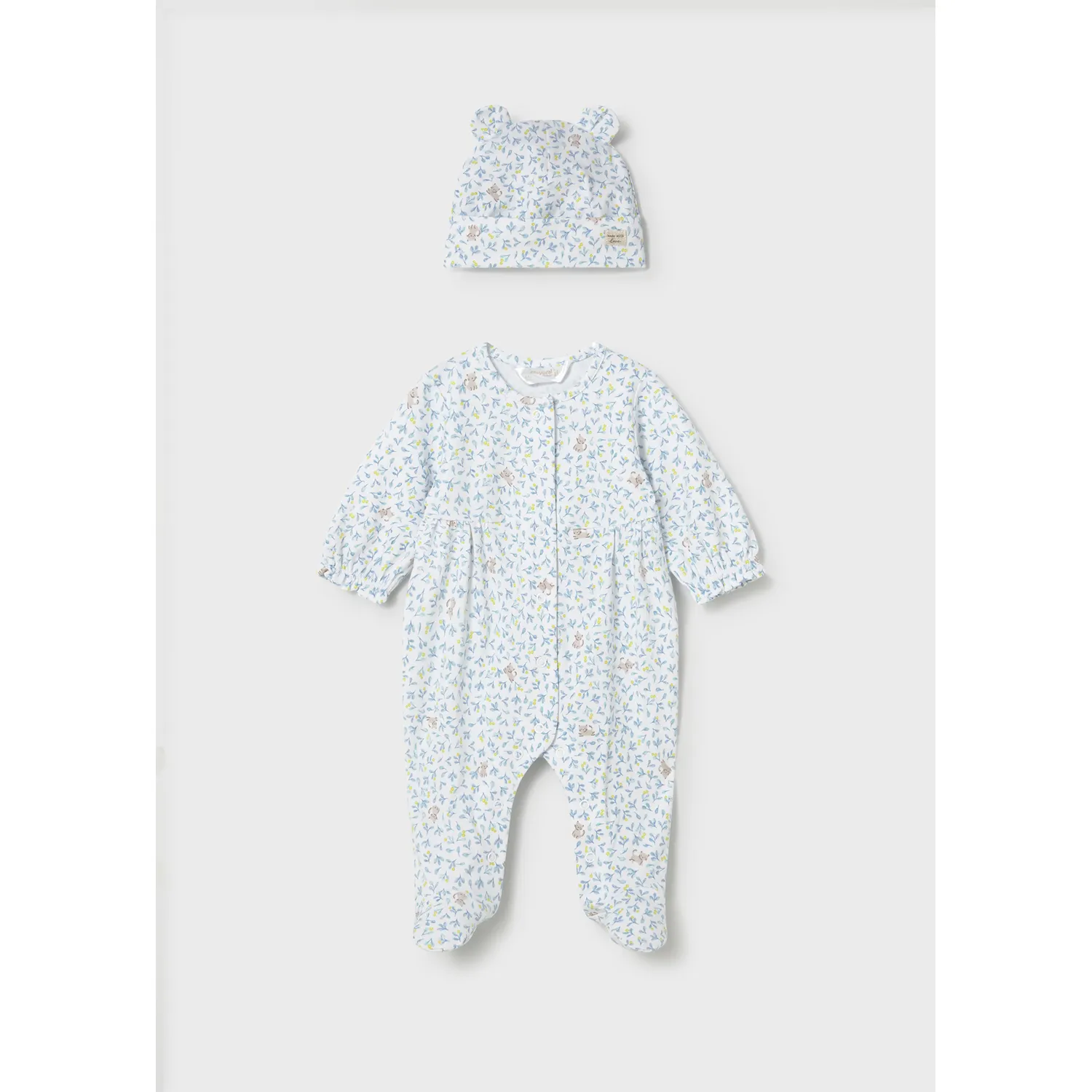2PC CREAM BLUE PRINTED SLEEPER & HAT FRONT CLOSURE / 1706-085