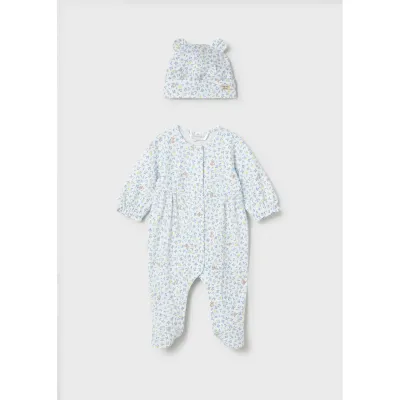 2PC CREAM BLUE PRINTED SLEEPER & HAT FRONT CLOSURE / 1706-085