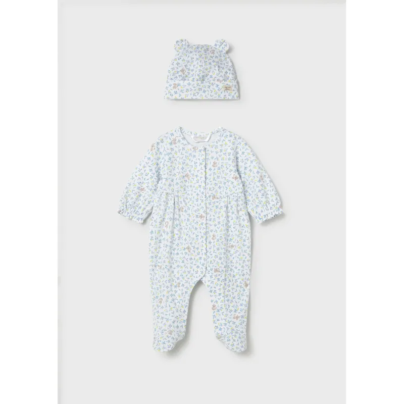 2PC CREAM BLUE PRINTED SLEEPER & HAT FRONT CLOSURE / 1706-085