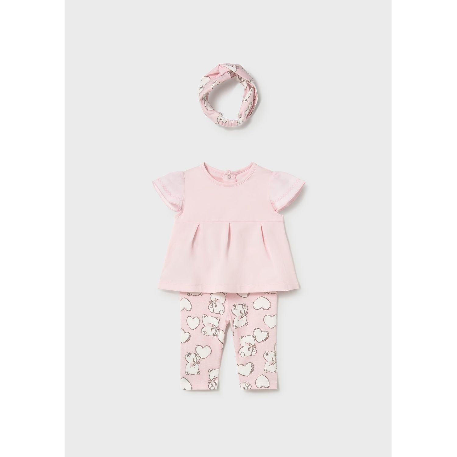 3PC ROSE LEGGING & HEADBAND SET CREAM BEAR & HEART PRINT / 1735-058