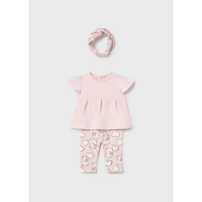 3PC ROSE LEGGING & HEADBAND SET CREAM BEAR & HEART PRINT / 1735-058