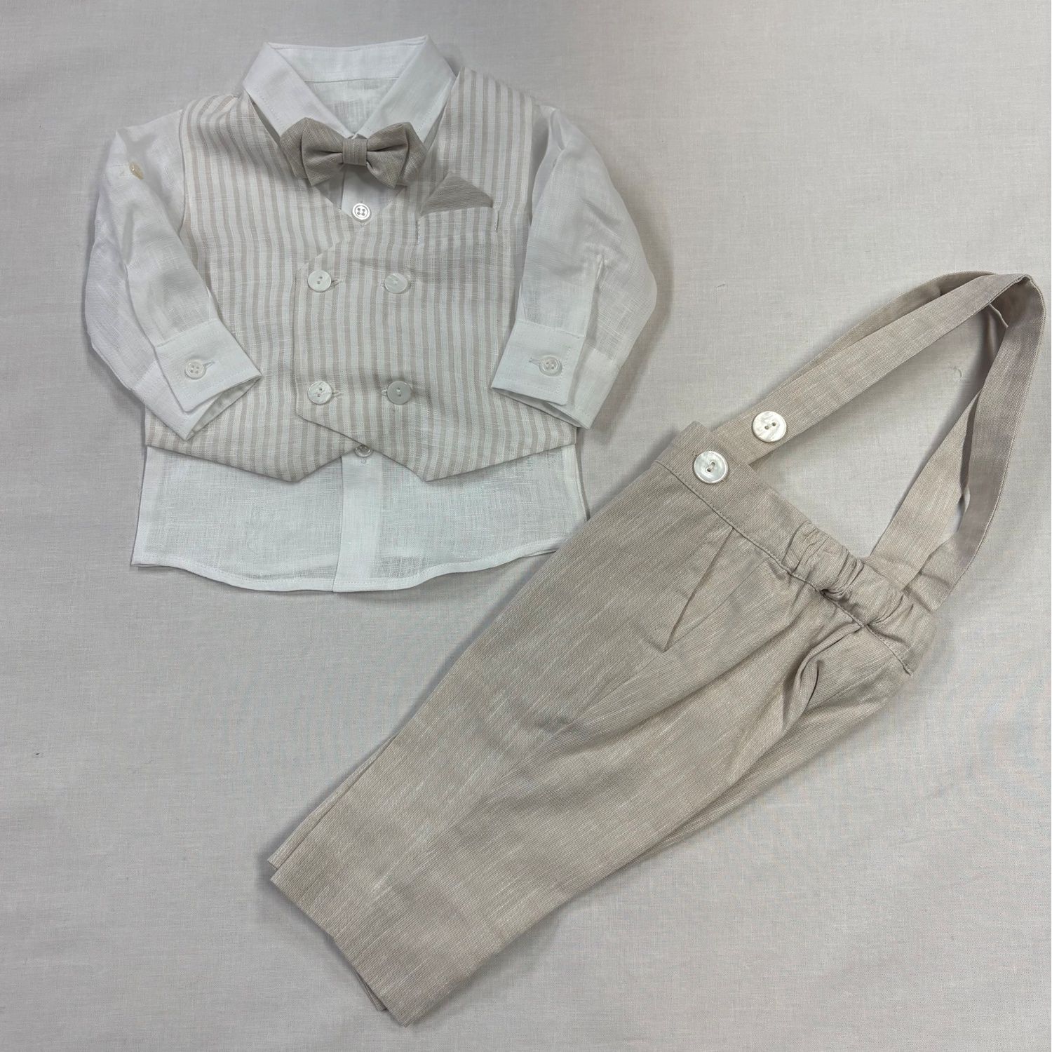 4PC WHITE & BEIGE VEST SET & BOW TIE THIN STRIPE W/SUSPENDERS / GA-21961