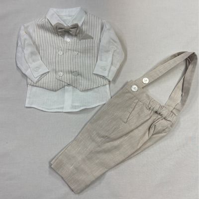 4PC WHITE & BEIGE VEST SET & BOW TIE THIN STRIPE W/SUSPENDERS / GA-21961