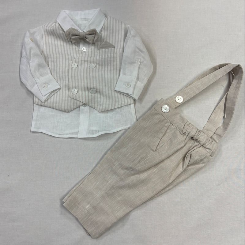4PC WHITE & BEIGE VEST SET & BOW TIE THIN STRIPE W/SUSPENDERS / GA-21961