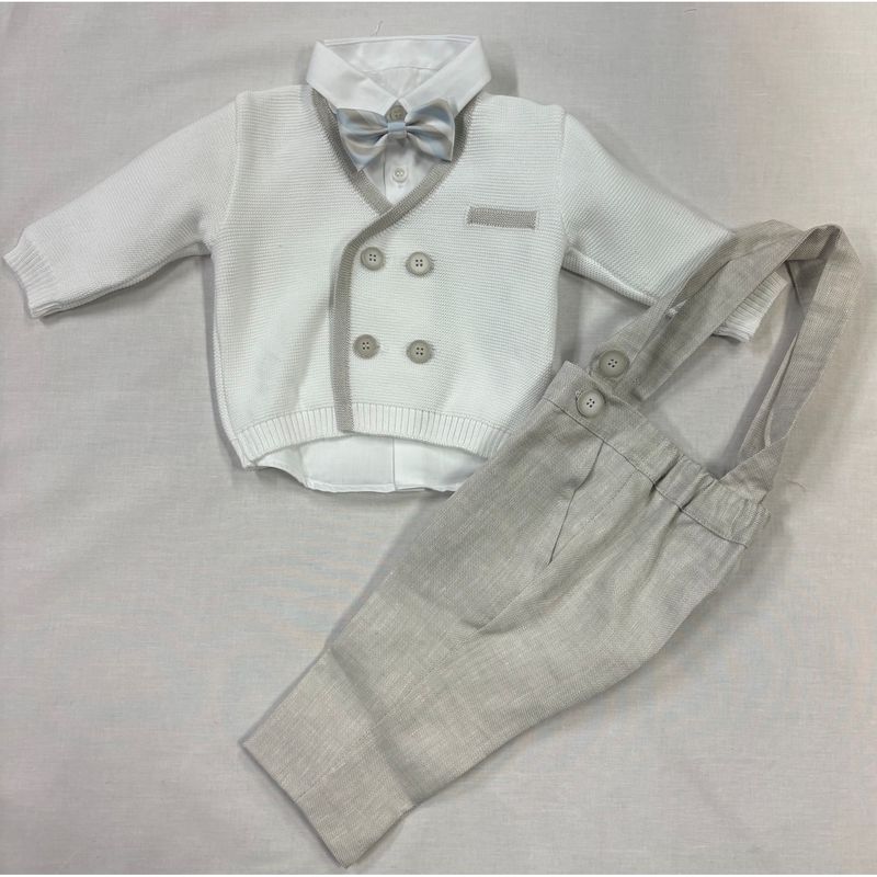 4PC WHITE & GREY CARDIGAN PANT SET W/SUSPENDERS BLUE/GREY BOWTIE / GA-22160