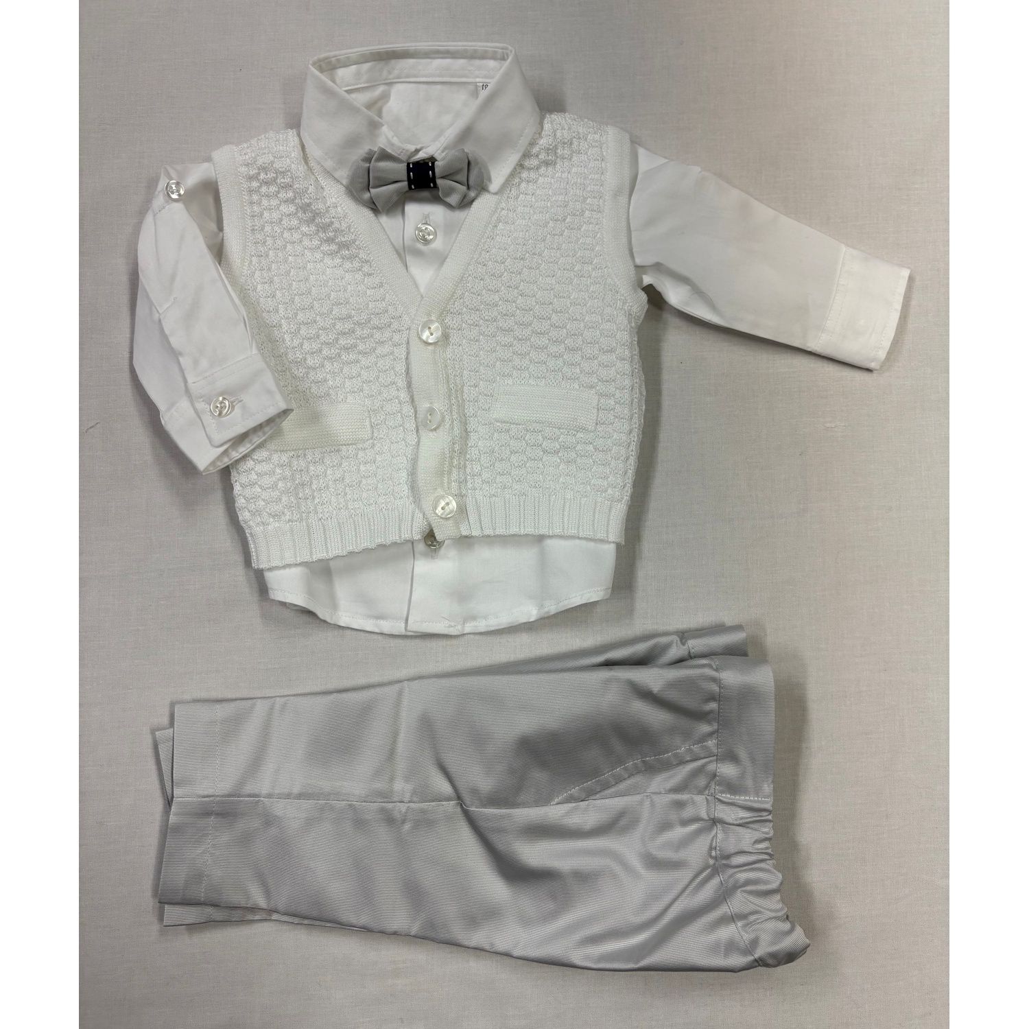 GREY & WHITE KNIT VEST SET GREY BOWTIE & PANT / 201996