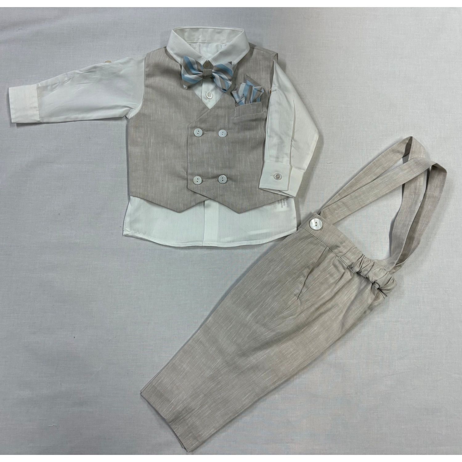 4PC TAUPE LINEN VEST SET STRIPED BLUE BOWTIE W/SUSPENDERS / GA-21861