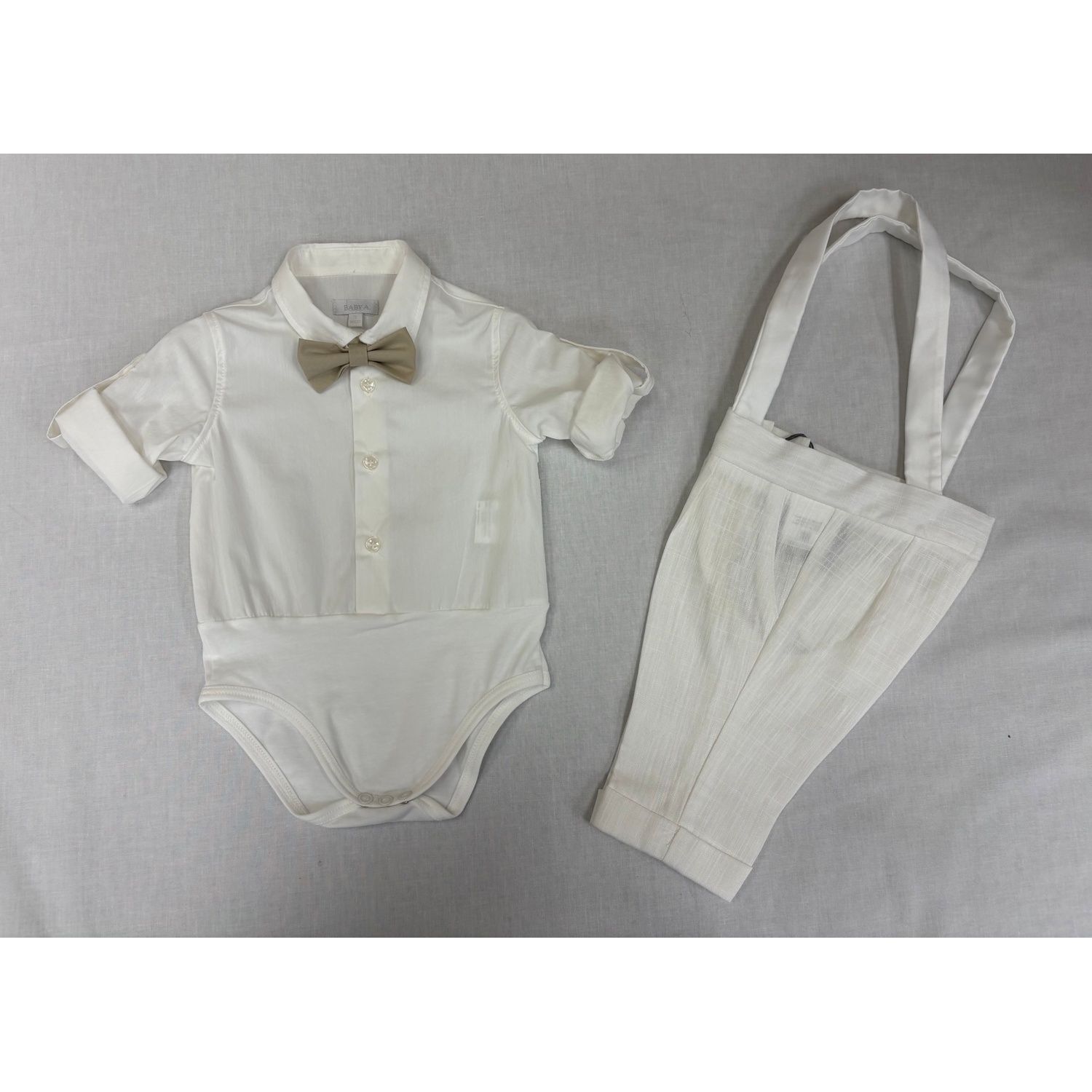2PC CREAM SHIRT ONZIE LINEN LONG PANT W/SUSPENDERS BRWN BOWTIE / B3419/BE/BY/SG 2PC CREAM SHIRT ONZIE LINEN LONG PANT W/SUSPENDERS BRWN BOWTIE / B3419/BE/BY/SG