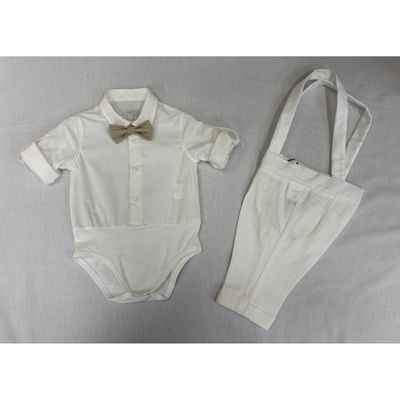 2PC CREAM SHIRT ONZIE LINEN LONG PANT W/SUSPENDERS BRWN BOWTIE / B3419/BE/BY/SG