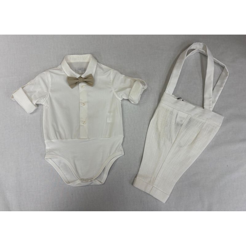 2PC CREAM SHIRT ONZIE LINEN LONG PANT W/SUSPENDERS BRWN BOWTIE / B3419/BE/BY/SG