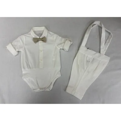2PC CREAM SHIRT ONZIE LINEN LONG PANT W/SUSPENDERS BRWN BOWTIE / B3419/BE/BY/SG