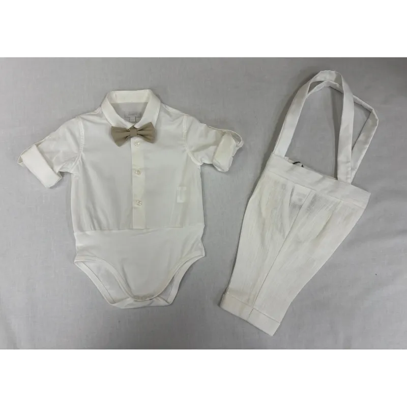 2PC CREAM SHIRT ONZIE LINEN LONG PANT W/SUSPENDERS BRWN BOWTIE / B3419/BE/BY/SG 2PC CREAM SHIRT ONZIE LINEN LONG PANT W/SUSPENDERS BRWN BOWTIE / B3419/BE/BY/SG