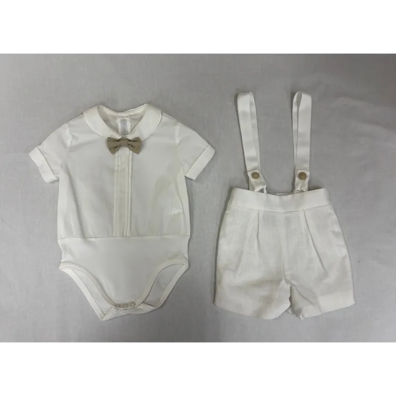 2PC CREAM SHIRT ONZIE & SHORTS W/SUSPENDERS TAN BOWTIE / B3417/BE/BR/BY 2PC CREAM SHIRT ONZIE & SHORTS W/SUSPENDERS TAN BOWTIE / B3417/BE/BR/BY