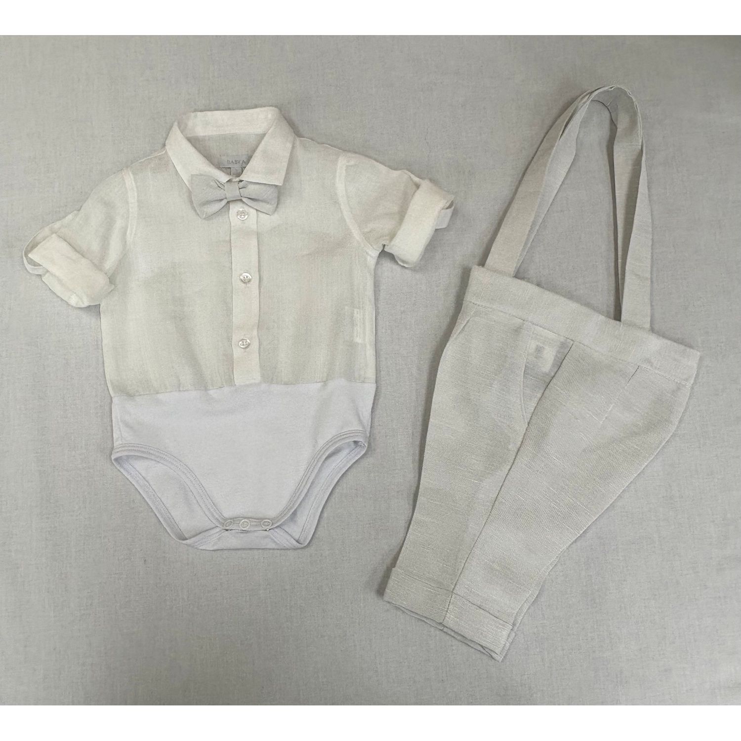 2PC CREAM/GREY LONG SHIRT ONZIE & PANT W/SUSPENDERS BOWTIE / B3419/BE/BY/SG