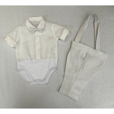 2PC CREAM/GREY LONG SHIRT ONZIE & PANT W/SUSPENDERS BOWTIE / B3419/BE/BY/SG