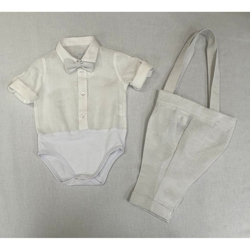 2PC CREAM/GREY LONG SHIRT ONZIE & PANT W/SUSPENDERS BOWTIE / B3419/BE/BY/SG