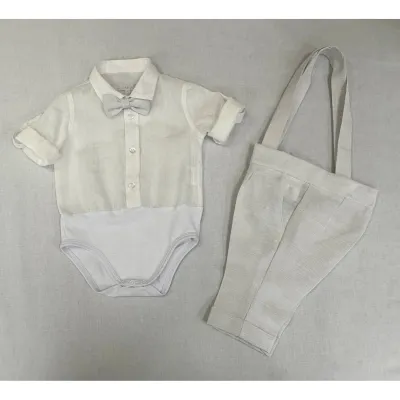 2PC CREAM/GREY LONG SHIRT ONZIE & PANT W/SUSPENDERS BOWTIE / B3419/BE/BY/SG