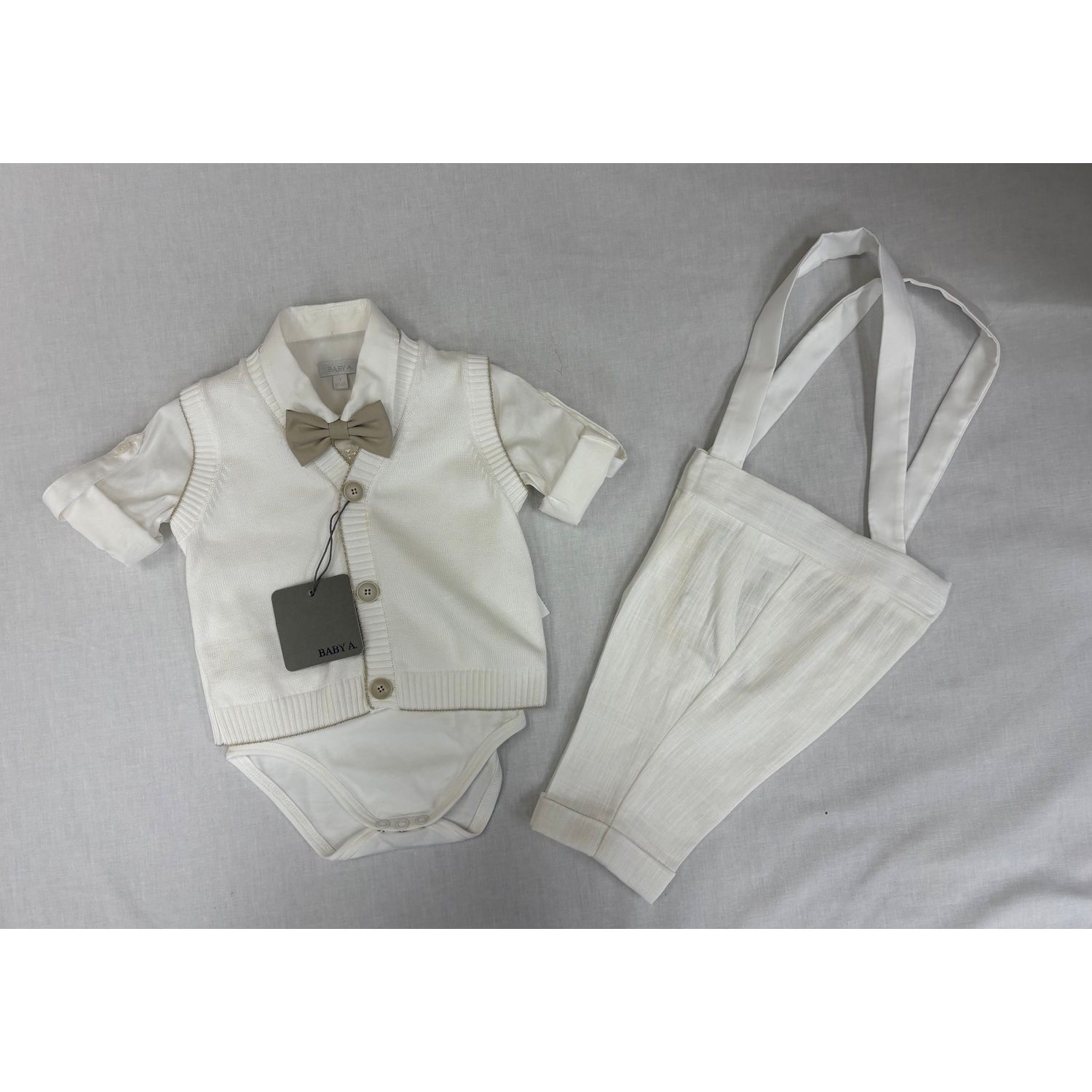 3PC BEIGE KNIT VEST ONZIE SHIRT & PANTBRWN BOWTIE / B3419/BE/BY/GF