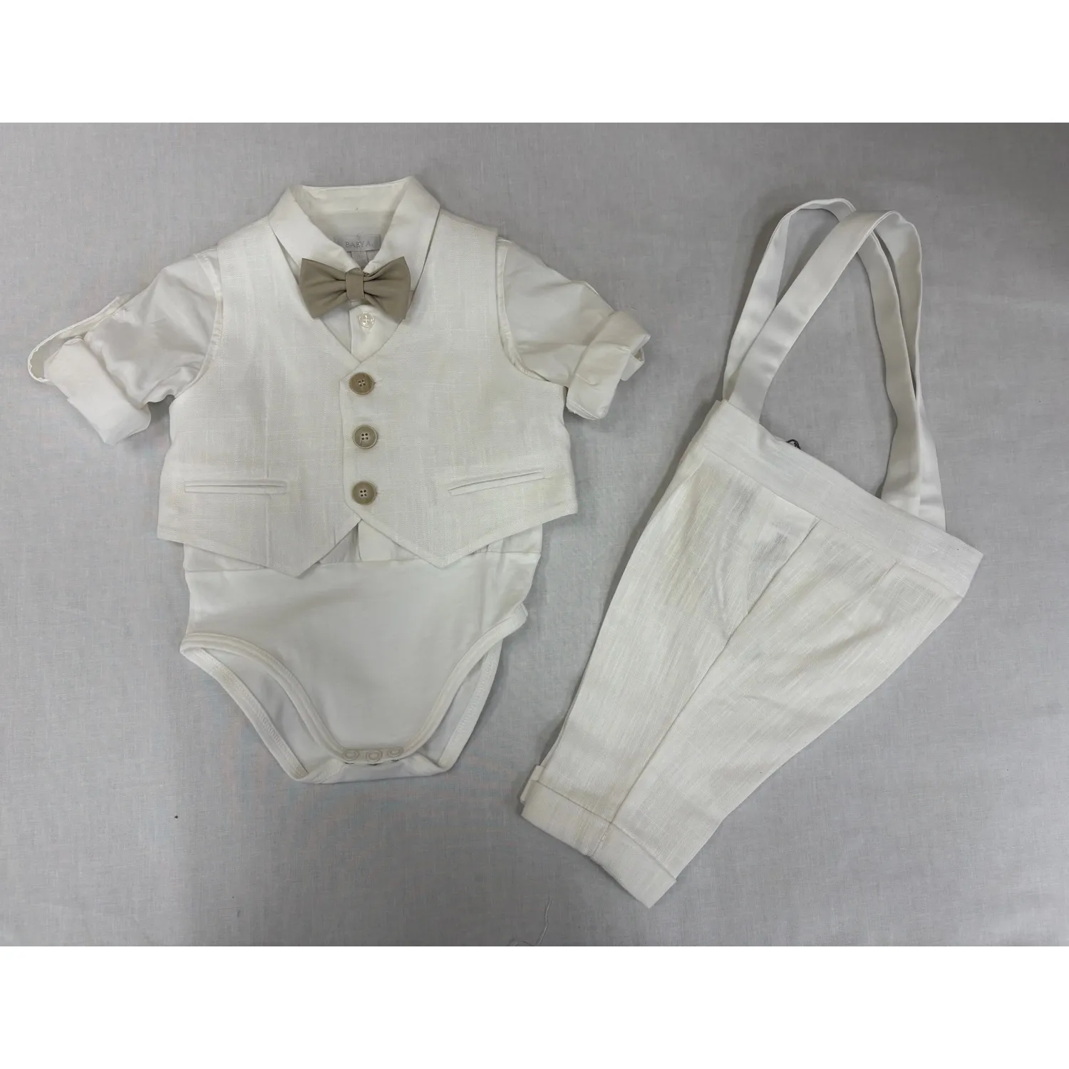 3PC WHITE VEST ONZIE SHIRT PANT & TAN BOWTIE / B3419/BE/BY