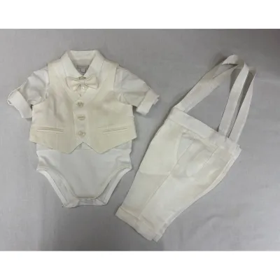 3PC WHITE /CRM VEST/ONZIE SHIRT/LONG PANT PRINTED SATIN TRIM / A3409/BE/BY