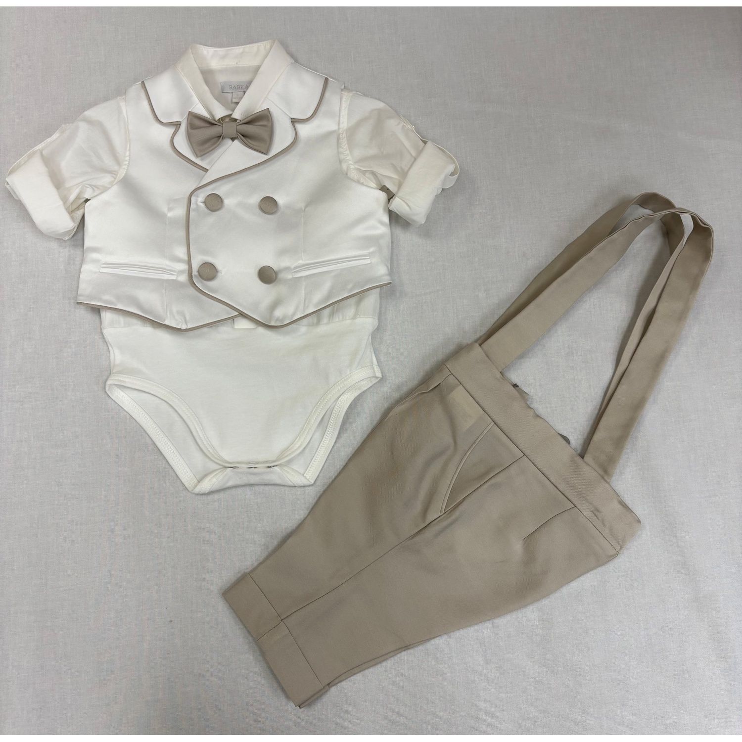 4PC WHITE/BEIGE SATIN VEST SET BEIGE PANT BOW TIE TRIM / G3441/BE/BY-935