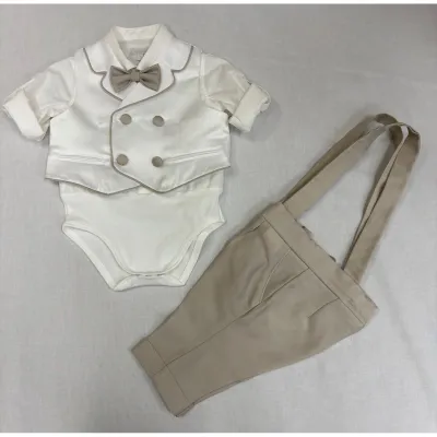 4PC WHITE/BEIGE SATIN VEST SET BEIGE PANT BOW TIE TRIM / G3441/BE/BY-935