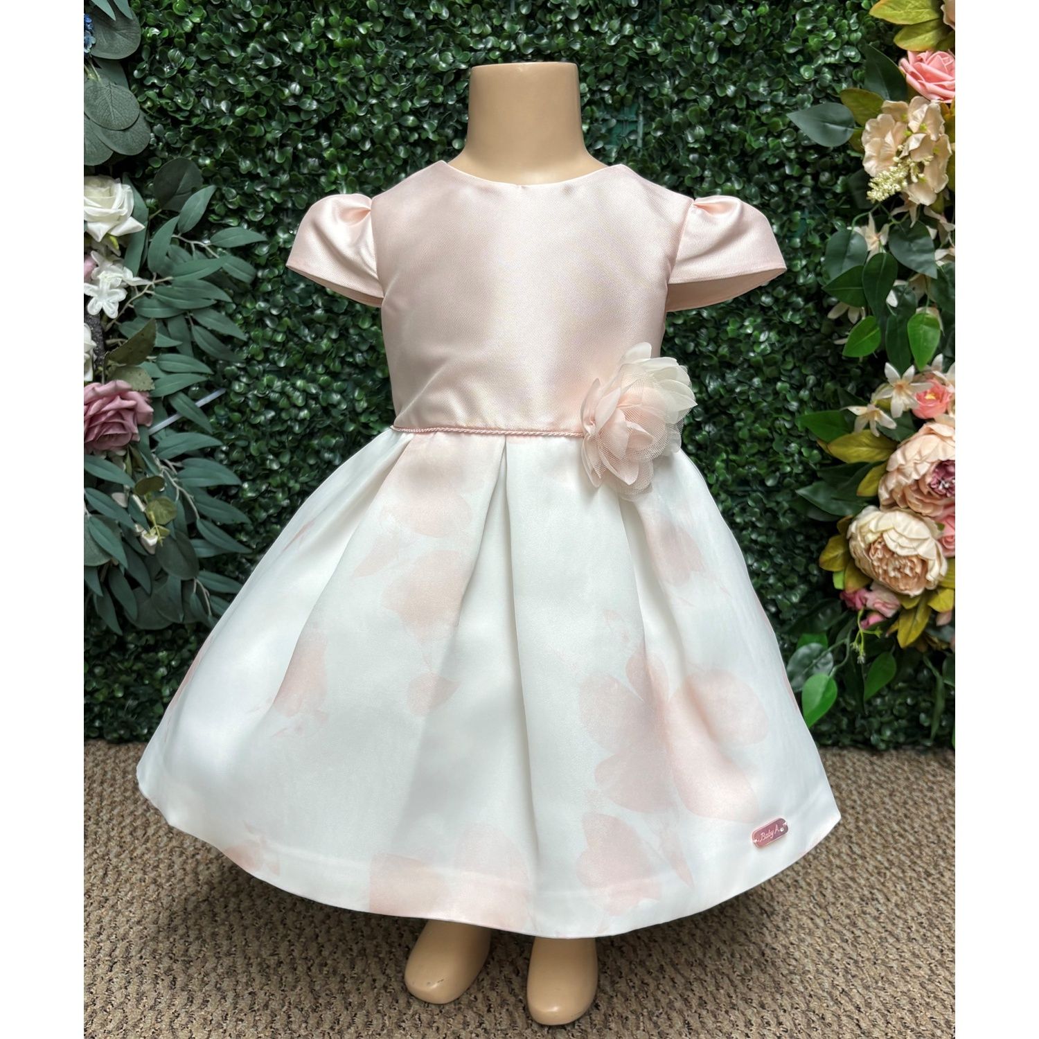 ROSE & WHITE DRESS FLOWER APPLIQUE PLEATS & PRINTED SKIRT S/SL / L3455-620