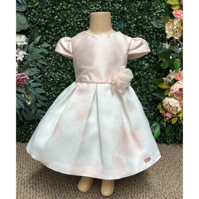 ROSE & WHITE DRESS FLOWER APPLIQUE PLEATS & PRINTED SKIRT S/SL / L3455-620