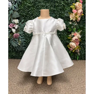 WHITE TAFFETA DRESS SHORT SLEEVE W/BOW TRIM / L3451-090