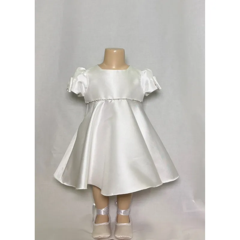 WHITE TAFFETA DRESS SHORT SLEEVE W/BOW & RSTONE TRIM L3451-090