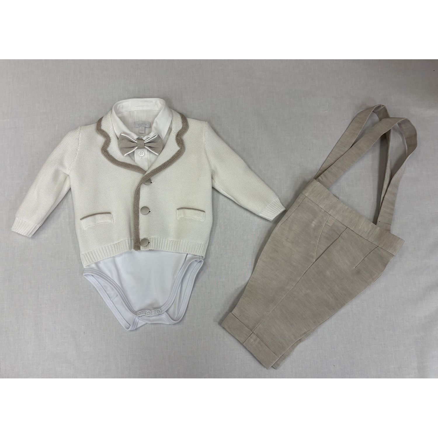 4PC BEIGE & TAUPE CARDIGAN/ONZIE SHIRT/PANT/BOWTIE / B3416/P/BE/BY