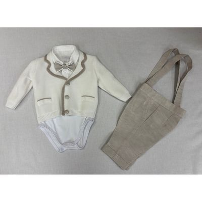 4PC BEIGE & TAUPE CARDIGAN/ONZIE SHIRT/PANT/BOWTIE / B3416/P/BE/BY