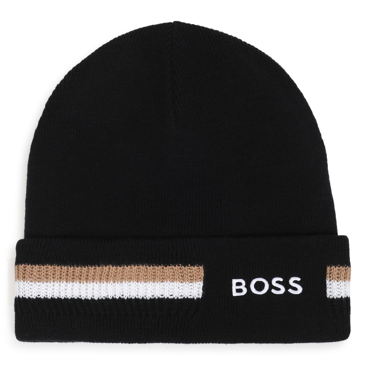 BLACK KNIT PULL ON HAT DOUBLE LAYER EMBROIDED LOGO / J53586-09B