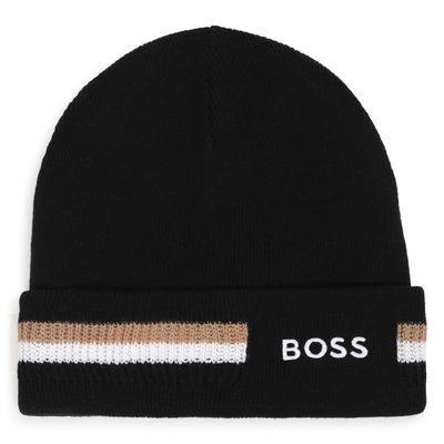 BLACK KNIT PULL ON HAT DOUBLE LAYER EMBROIDED LOGO / J53586-09B