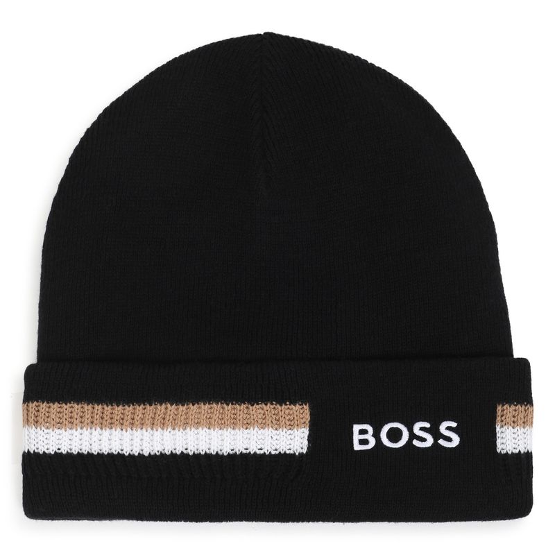 BLACK KNIT PULL ON HAT DOUBLE LAYER EMBROIDED LOGO / J53586-09B