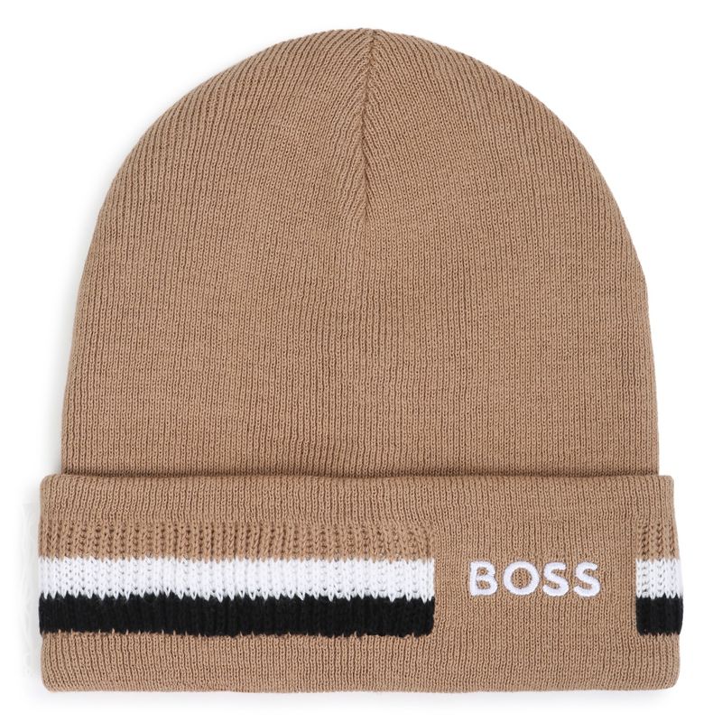 BROWN KNIT PULLON HAT EMBROIDERED LOGO DOUBLE LAYER / J53586-269