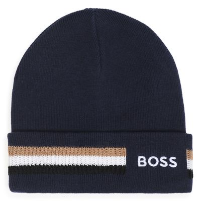 NAVY KNIT PULL ON HAT DOUBLE LAYERED EMBROIDERED LOGO / J53586-849