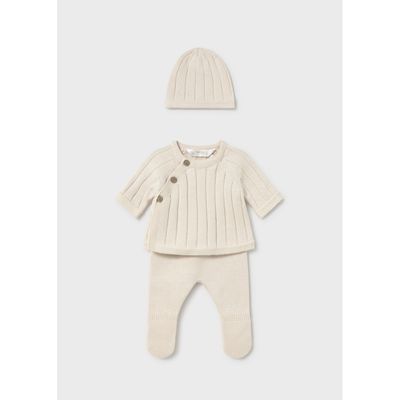 3PC BEIGE KNIT SET HAT &PANT&TOP RIBBED EFFECT 6-9M NO FEET / 2511-020