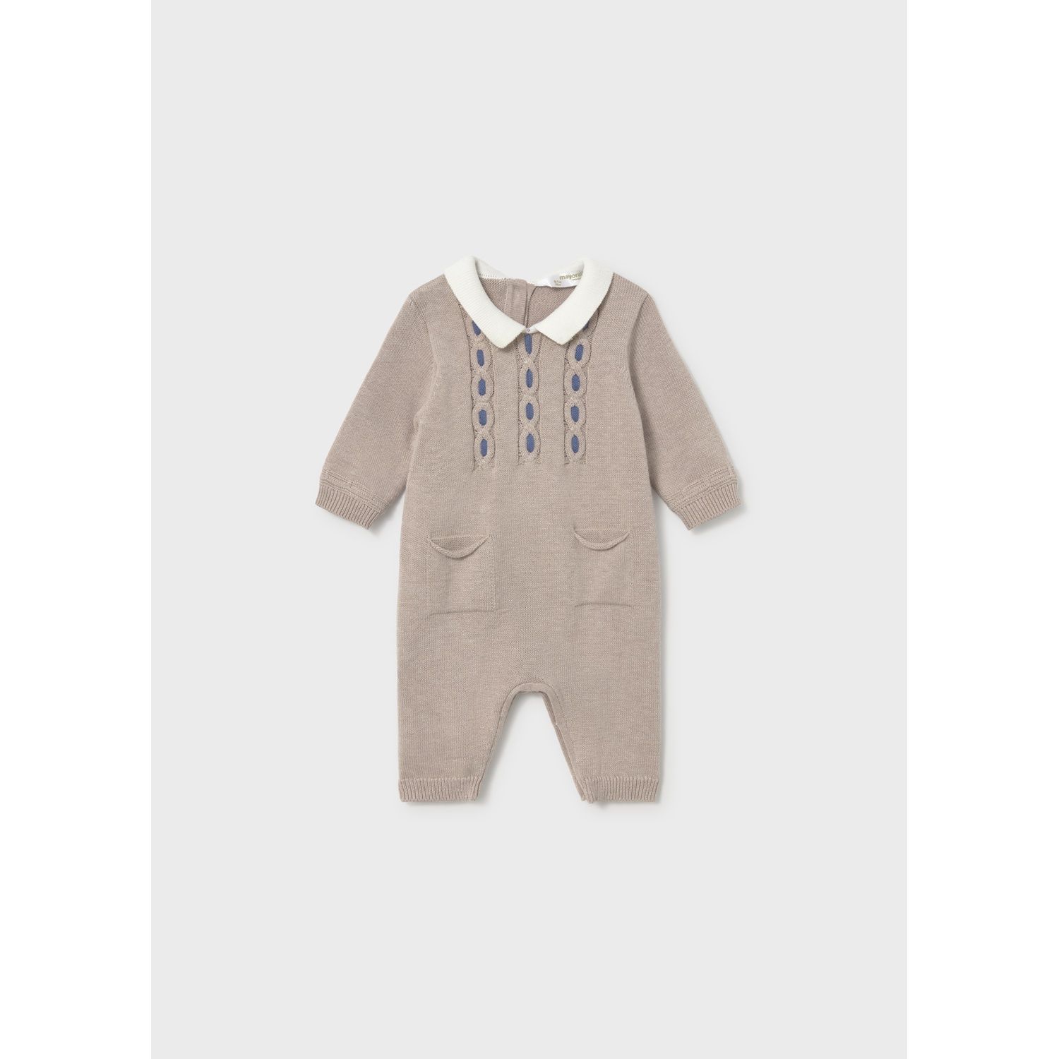 TAN KNIT TRICOT ROMPER CREAM COLLAR BLUE TRIM / 2601-019 TAN KNIT TRICOT ROMPER CREAM COLLAR BLUE TRIM / 2601-019