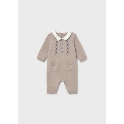 TAN KNIT TRICOT ROMPER CREAM COLLAR BLUE TRIM / 2601-019