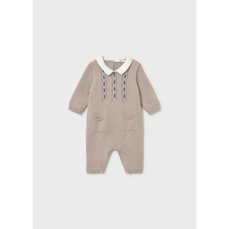 TAN KNIT TRICOT ROMPER CREAM COLLAR BLUE TRIM / 2601-019