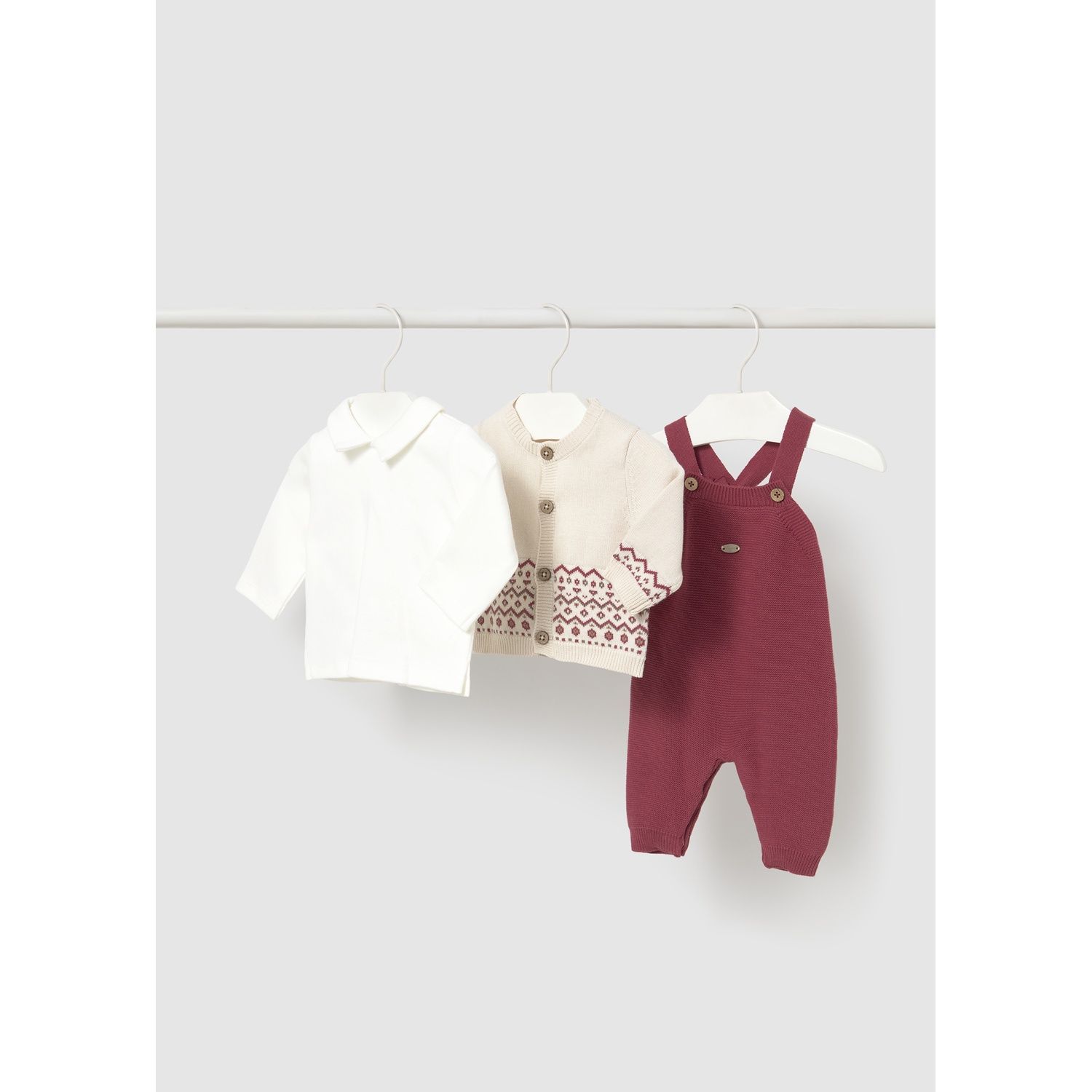 3PC PLUM KNIT OVERALL CREAM TSHIRT BEIGE CARDIGAN WITH PLUM TRIM / 2609-027
