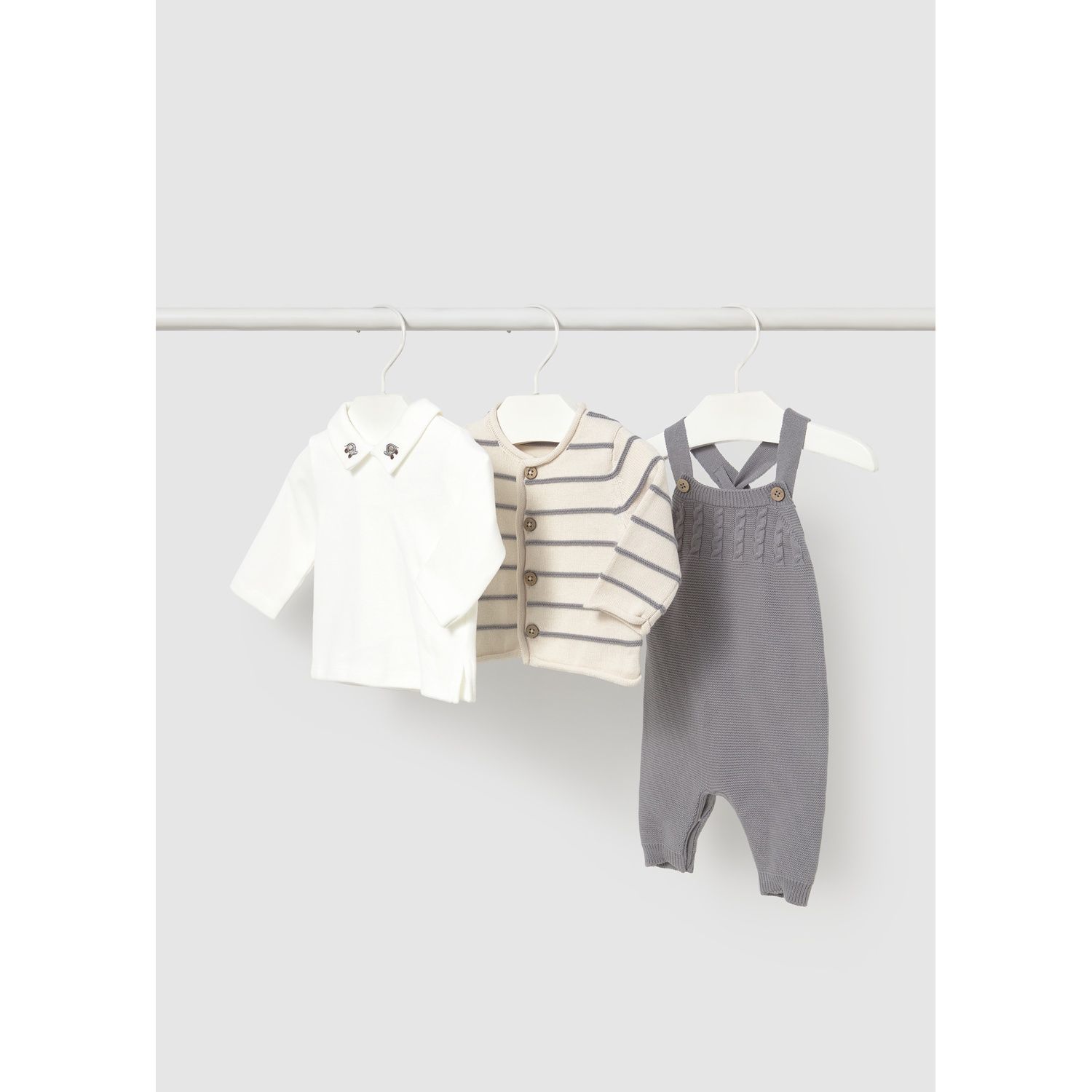 3PC GREY KNIT OVERALL CREAM TSHIRT STRIPED CARDIGAN BEIGE & GREY / 2609-028