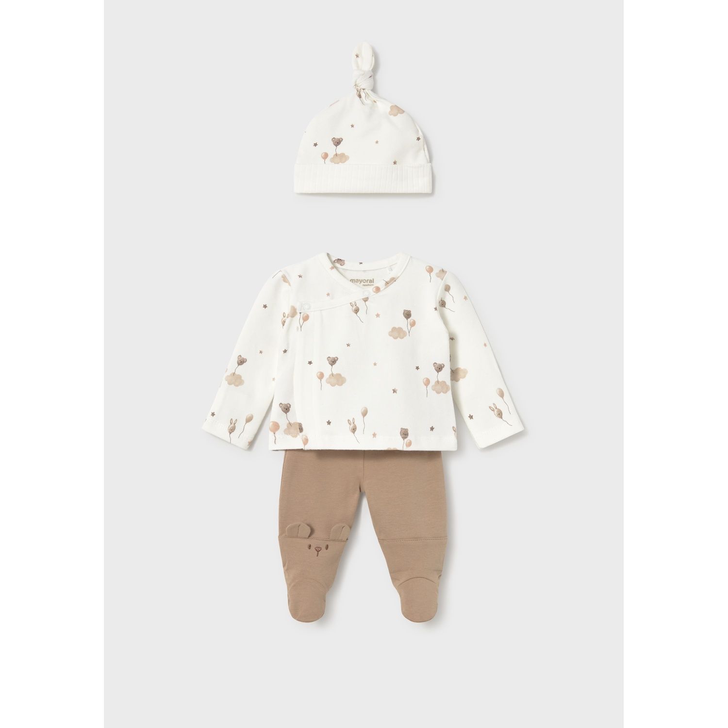 3PC CREAM LEG WARMER SET BROWN PANTS & PRINT &HAT & TOP SIDE CLOSURE / 2517-044