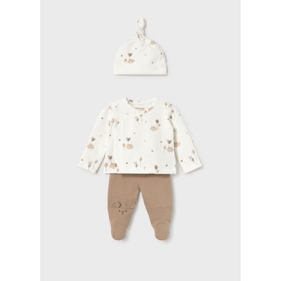 3PC CREAM LEG WARMER SET BROWN PANTS & PRINT &HAT & TOP SIDE CLOSURE / 2517-044