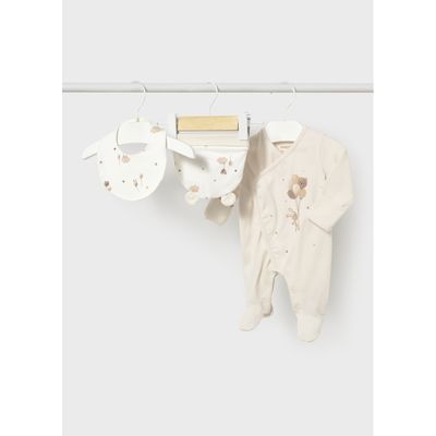 3 PC TAUPE SLEEPER CREAM BIB & HAT SIDECLOSURE BUNNY & BALLON PRINT / 2748-062