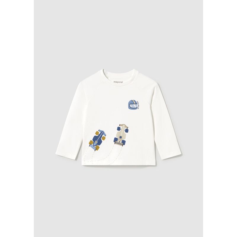 CREAM TSHIRT BLUE RACECARS PRINT LONG SLEEVE / 2007-078