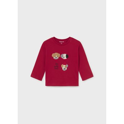 RED TSHIRT PUPPY FACE APPLIQUE LONG SLEEVE / 2018-050